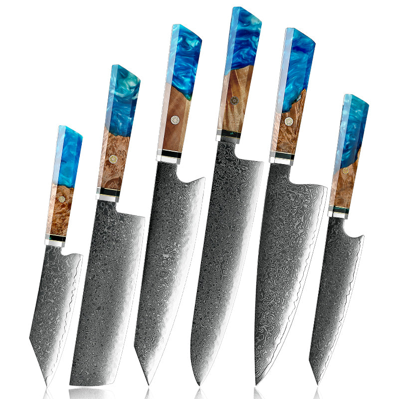 chef knife set - AQUA Knife Set 6 Piece VG10 Damascus Steel with Exotic Olive Wood & Resin Handle - Shokunin USA