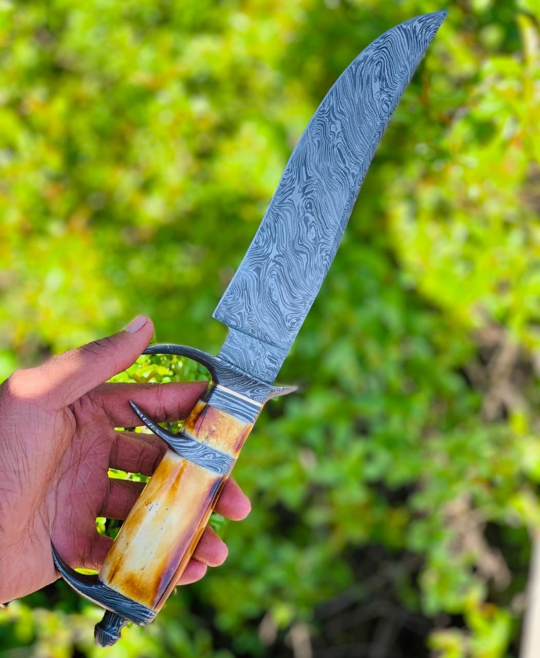Hunting Knife - Ironclad Damascus Steel Bowie Hunting Knife with Charred Bone Handle & Leather Sheath - Shokunin USA