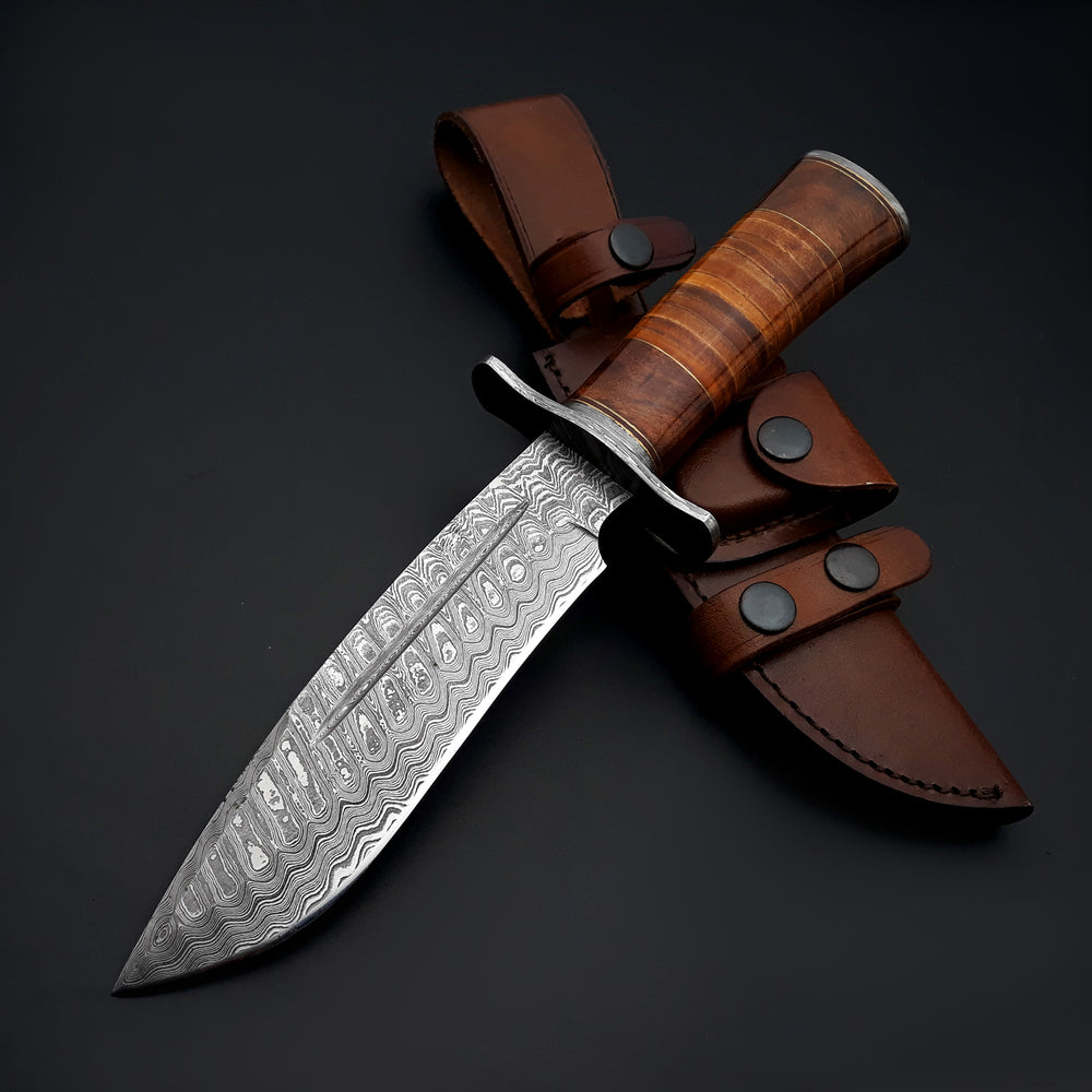 Damascus Knife - Rambo Bowie Knife with Exotic Rosewood & Stacked Leather Handle - Shokunin USA
