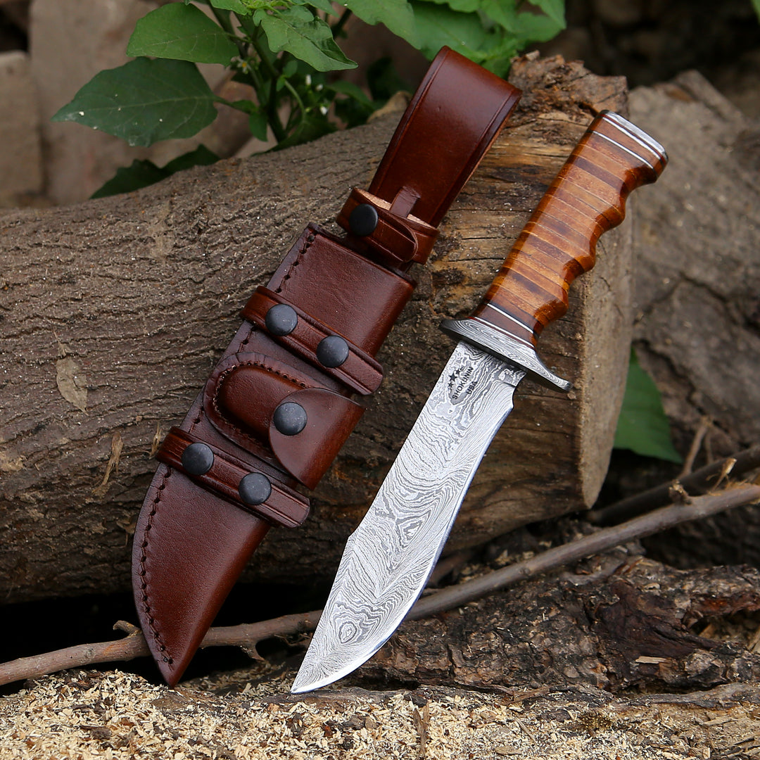 Hunting Knife - Ravager Damascus Steel Bowie Knife with Stacked Leather Handle - Shokunin USA