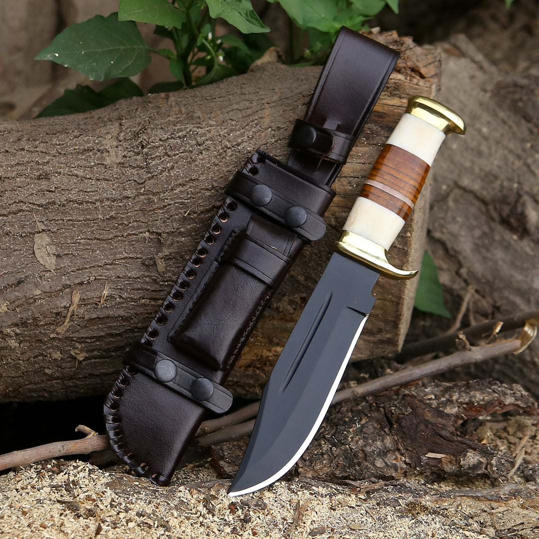 Custom Bowie Knife - Vindicator Custom Bowie Knife with Bone & Stacked Leather Handle - Shokunin USA