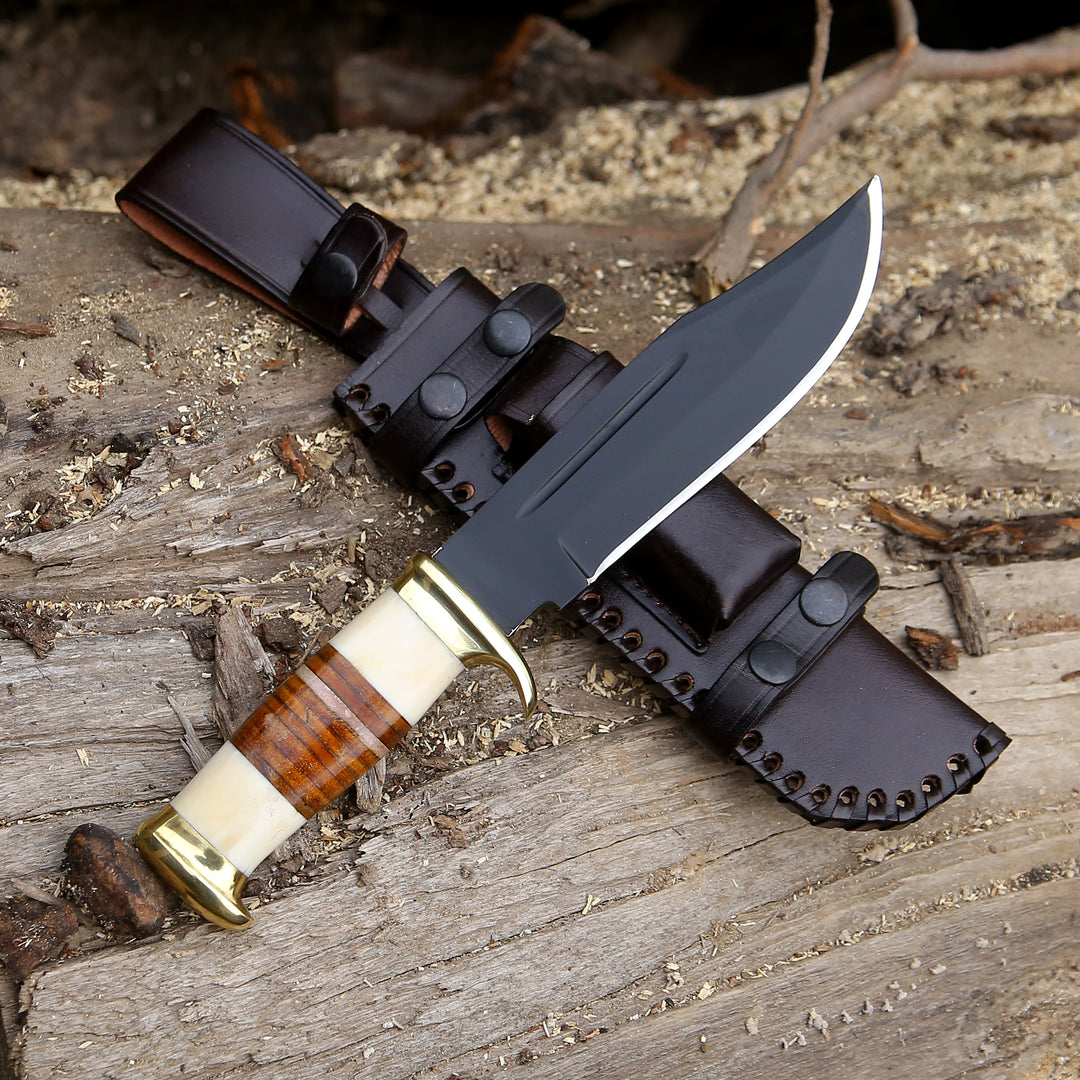 Custom Bowie Knife - Vindicator Custom Bowie Knife with Bone & Stacked Leather Handle - Shokunin USA