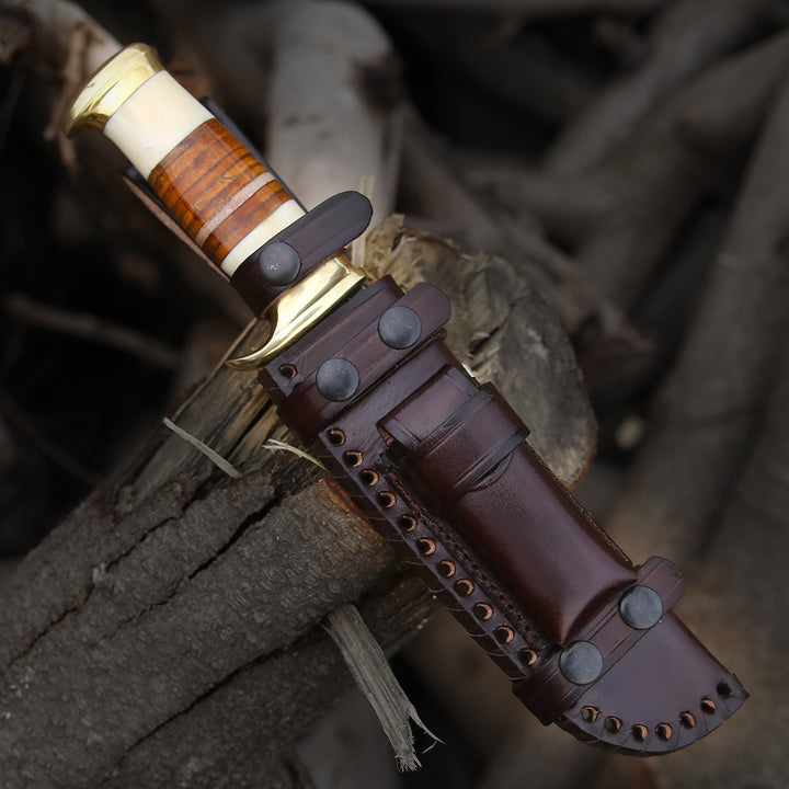 Custom Bowie Knife - Vindicator Custom Bowie Knife with Bone & Stacked Leather Handle - Shokunin USA