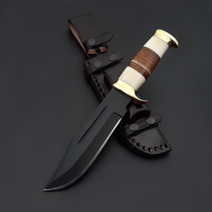 Custom Bowie Knife - Vindicator Custom Bowie Knife with Bone & Stacked Leather Handle - Shokunin USA