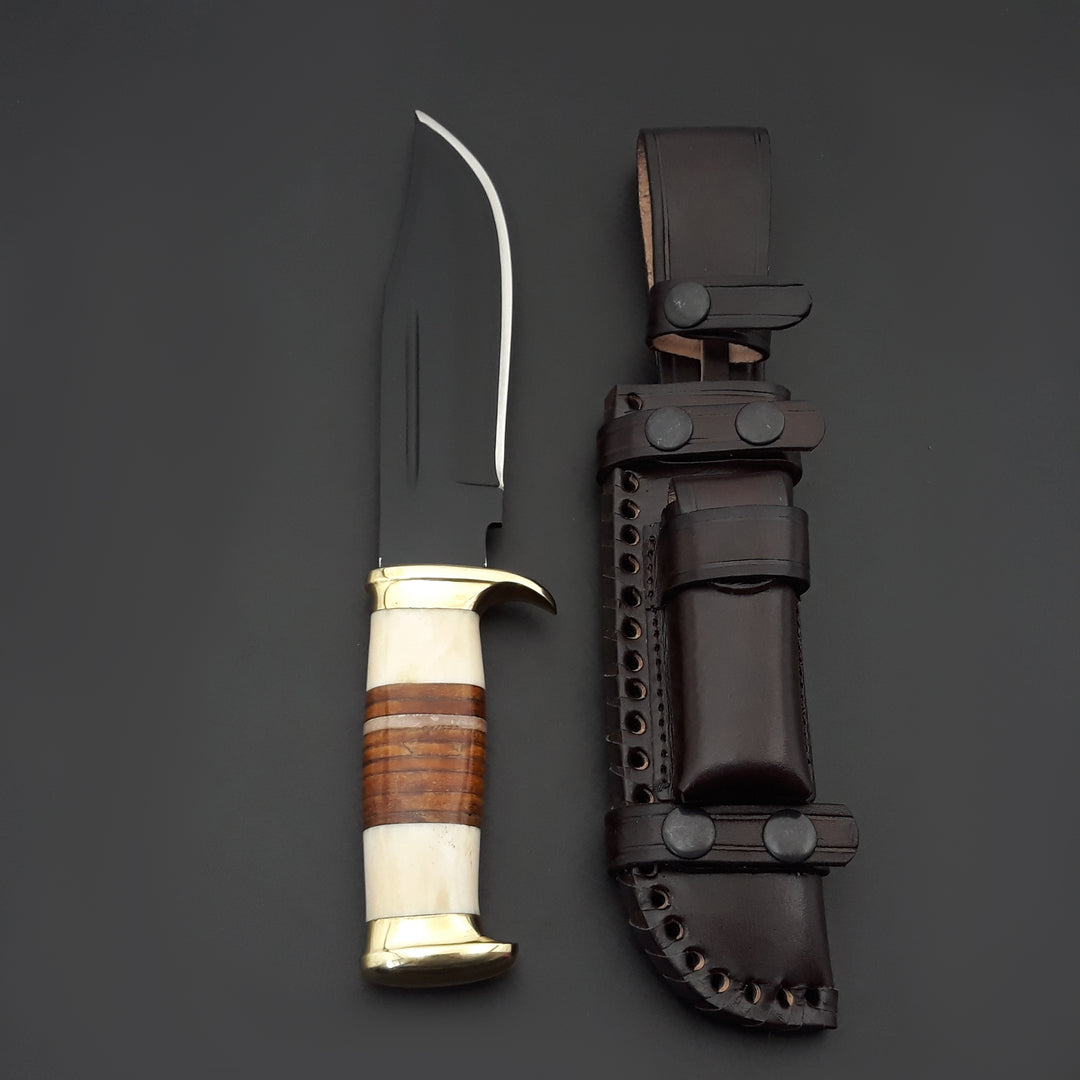 Custom Bowie Knife - Vindicator Custom Bowie Knife with Bone & Stacked Leather Handle - Shokunin USA