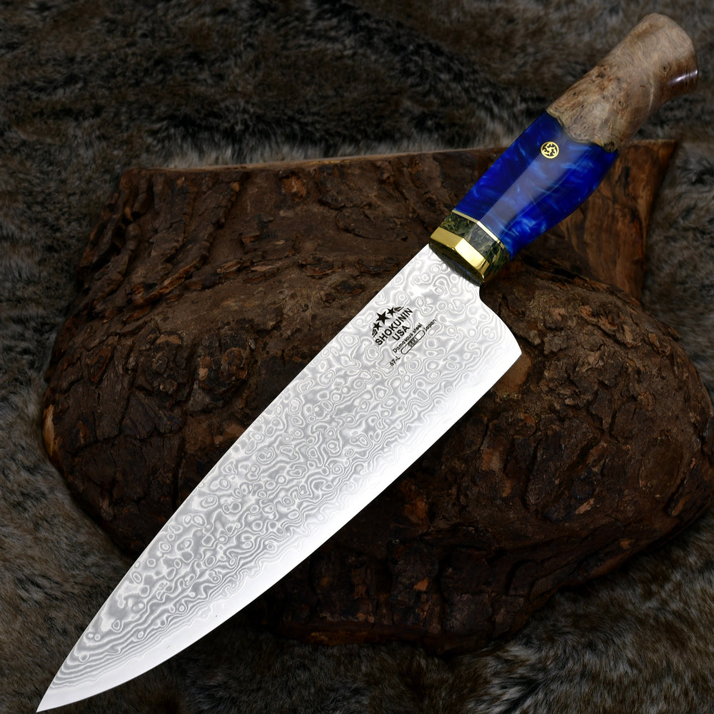 Chef Knife - Shinobi VG10 Damascus Chef Knife 8" with Exotic Olive Wood Handle - Shokunin USA