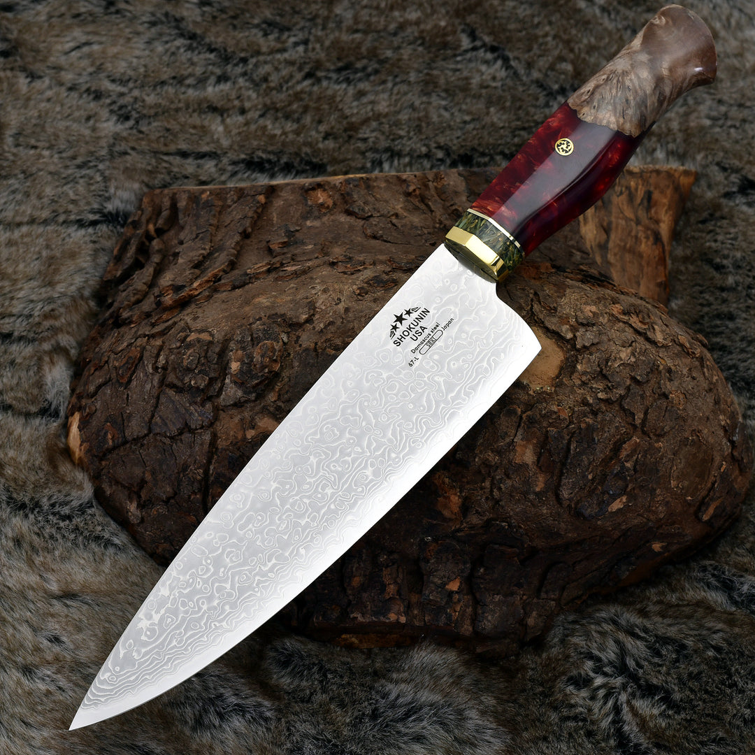 Chef Knife - Shinobi Damascus Chef Knife with Exotic Olive Wood Burl Handle - Shokunin USA