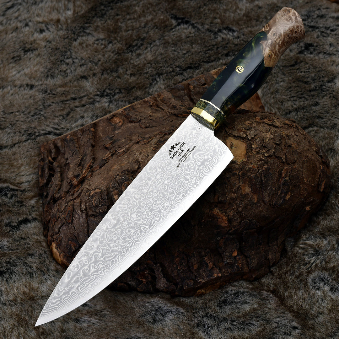 Chef Knife - Shinobi VG10 Handmade Damascus Chef Knife with Exotic Olive Wood Handle - Shokunin USA