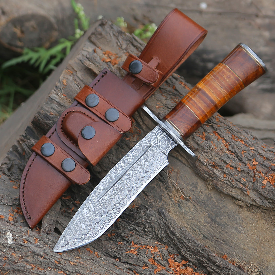 Damascus Knife - Rambo Bowie Knife with Exotic Rosewood & Stacked Leather Handle - Shokunin USA