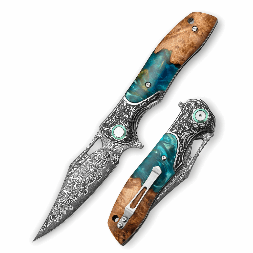 Pocket Knife - Ares VG10 Damascus Pocket Knife with Olive Burl Wood & Resin Handle - Shokunin USA