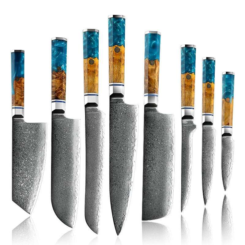 Chef Knife Set - Allure Professional VG10 8-Pcs Damascus Knife Set with Exotic Olive Burl Wood & Resin Handle - Shokunin USA