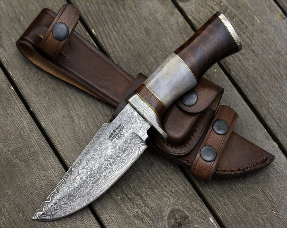 Hunting Knife - Champion Damascus Hunting Utility Knife with Exotic Rosewood and Bone Handle - Shokunin USA