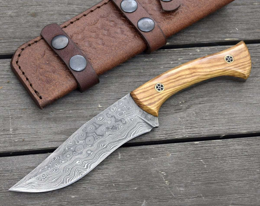 Damascus Knife - Chimera Damascus Steel Engraved Knife with Exotic Olive Wood Handle - Shokunin USA