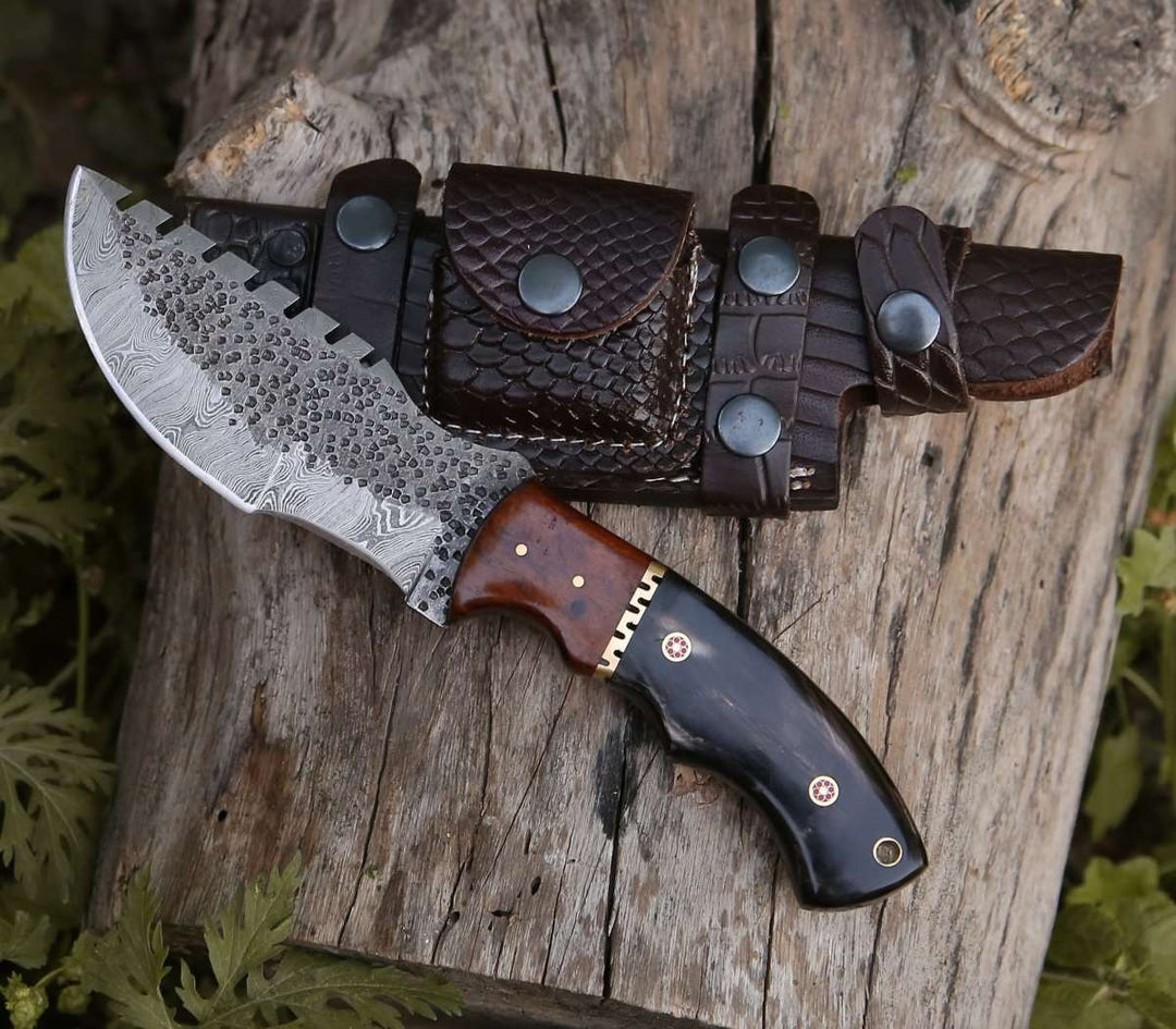 Hunting Knives - Crest Damascus Tracker Knife with Exotic Rose Wood and Horn Handle - Shokunin USA