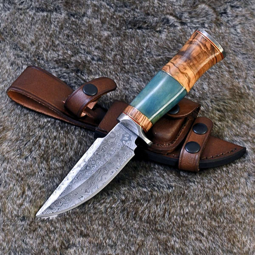 Fixed blade knife. - Frost Damascus Hunting Knife with Olive Wood & Bone Handle - Shokunin USA