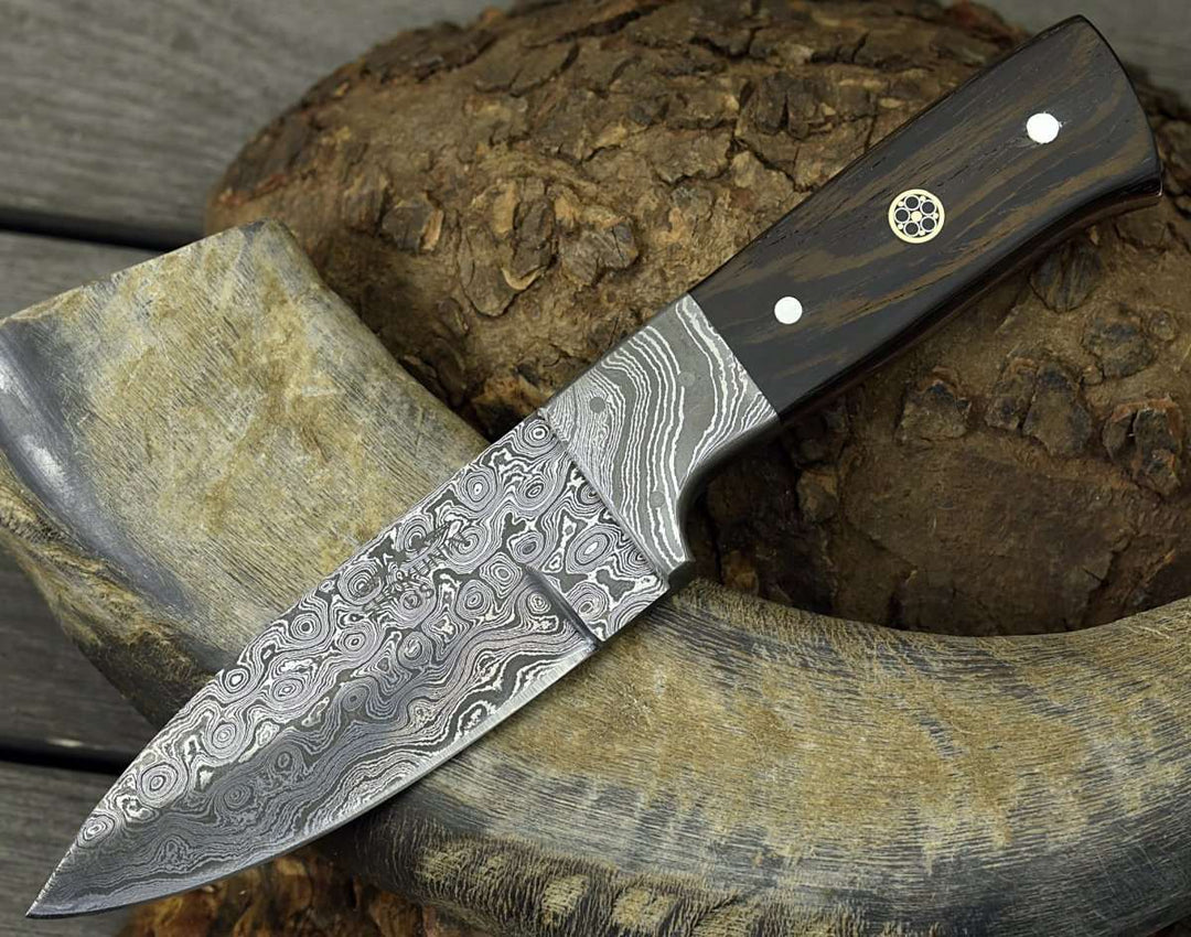 Damascus Knife - Karma Damascus Skinning Knife with Exotic Wenge Wood Handle - Shokunin USA