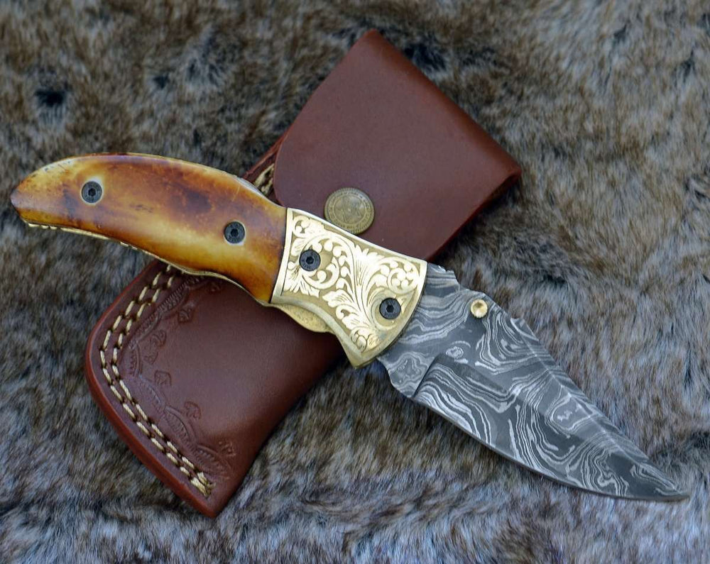 Pocket Knife - Marshal Damascus Folding Knife with Charred Bone Handle - Shokunin USA