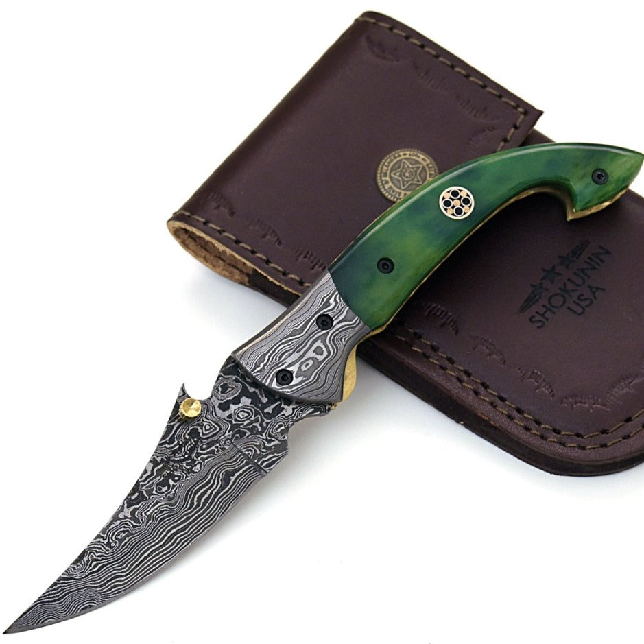 Pocket Knives - Omni Damascus Pocket Knife with Bone handle & Sheath - Shokunin USA