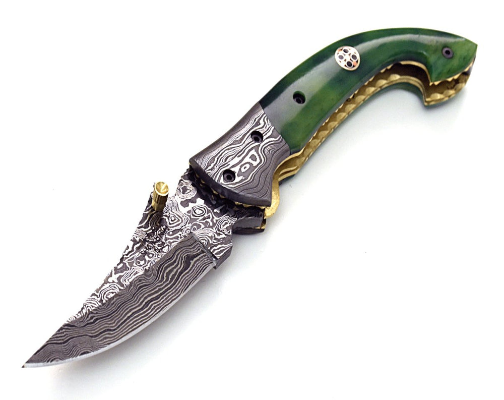 Pocket Knives - Omni Damascus Pocket Knife with Bone handle & Sheath - Shokunin USA