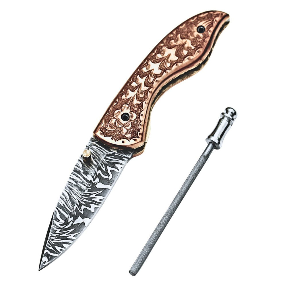 Utility Knife - Pixel Copper Damascus Pocket Knife with Copper Handle - Shokunin USA