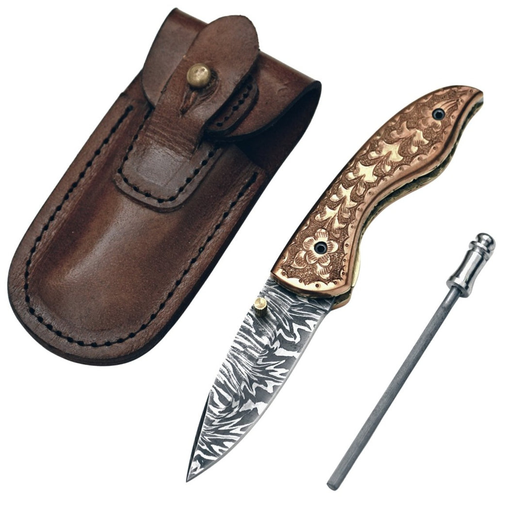 Utility Knife - Pixel Copper Damascus Pocket Knife with Copper Handle - Shokunin USA