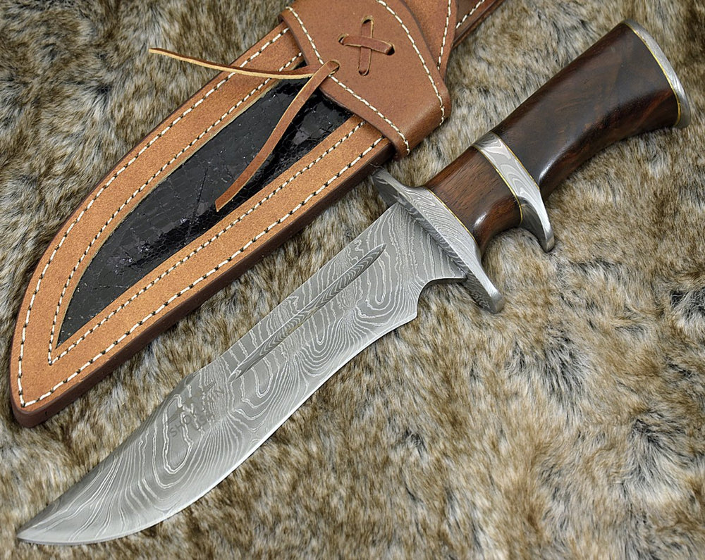 Utility Knife - Raider Personalized Damascus Steel Bowie Knife with Exotic Rose Wood Handle & Sheath - Shokunin USA