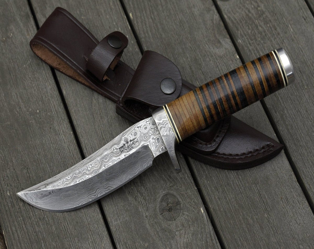 Damascus Knife - Serenity Damascus Hunting Knife with Stacked Leather Handle - Shokunin USA