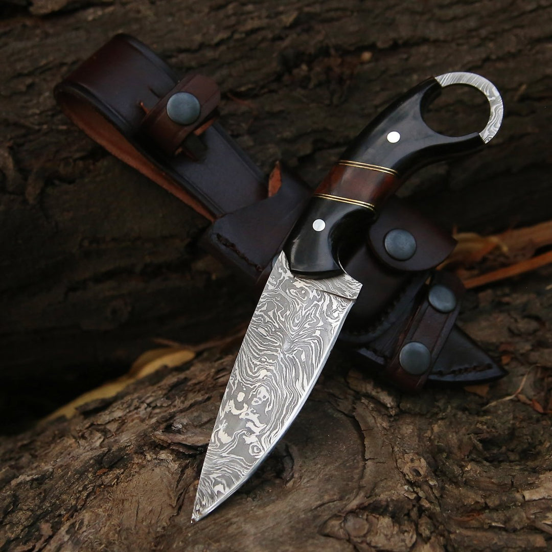 Damascus Knife - Shadow Damascus Knife with Horn & Exotic Rose Wood Handle - Shokunin USA