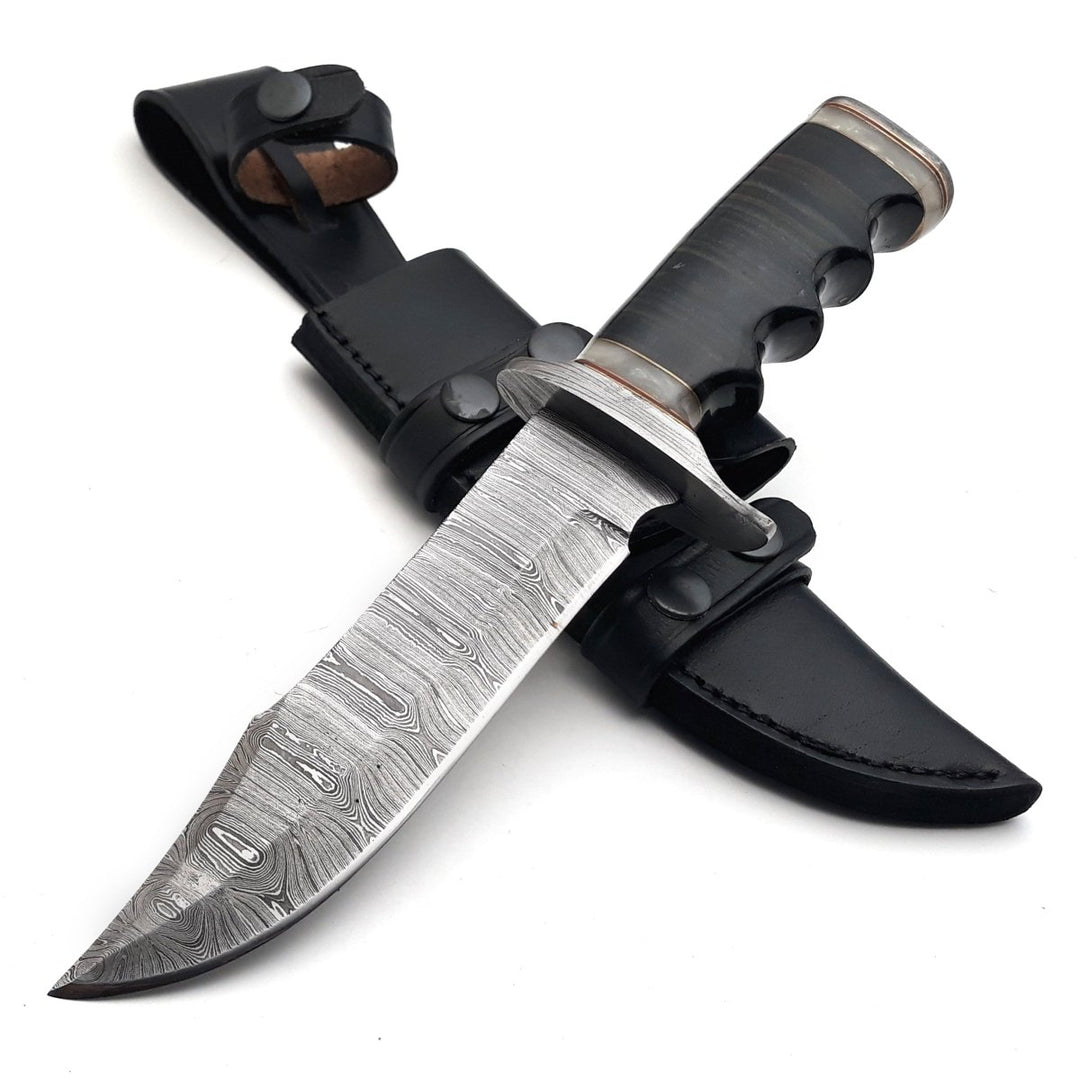 Damascus Knife - Soul Sniper Bowie Knife with Mother of Pearl & Stacked Leather Handle - Shokunin USA