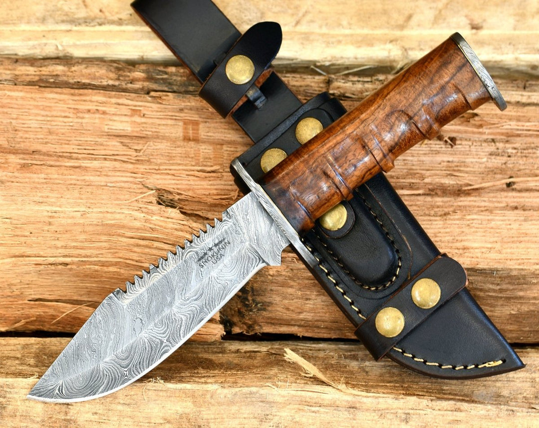 Utility Knife - Venomtip Damascus Military Knife with Rosewood Handle - Shokunin USA