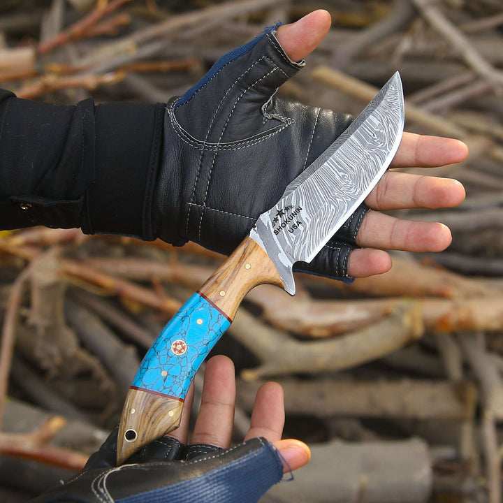 Damascus Knife - Flo Damascus Hunting Knife with Exotic Olive Wood &amp; Turquoise Handle - Shokunin USA
