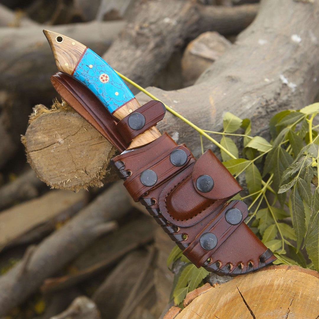 Damascus Knife - Flo Damascus Hunting Knife with Exotic Olive Wood &amp; Turquoise Handle - Shokunin USA