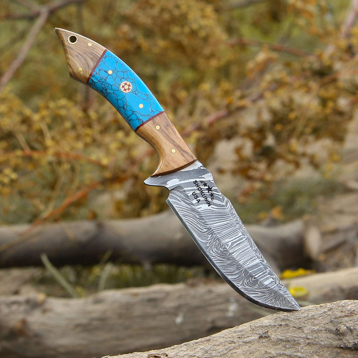 Damascus Knife - Flo Damascus Hunting Knife with Exotic Olive Wood &amp; Turquoise Handle - Shokunin USA
