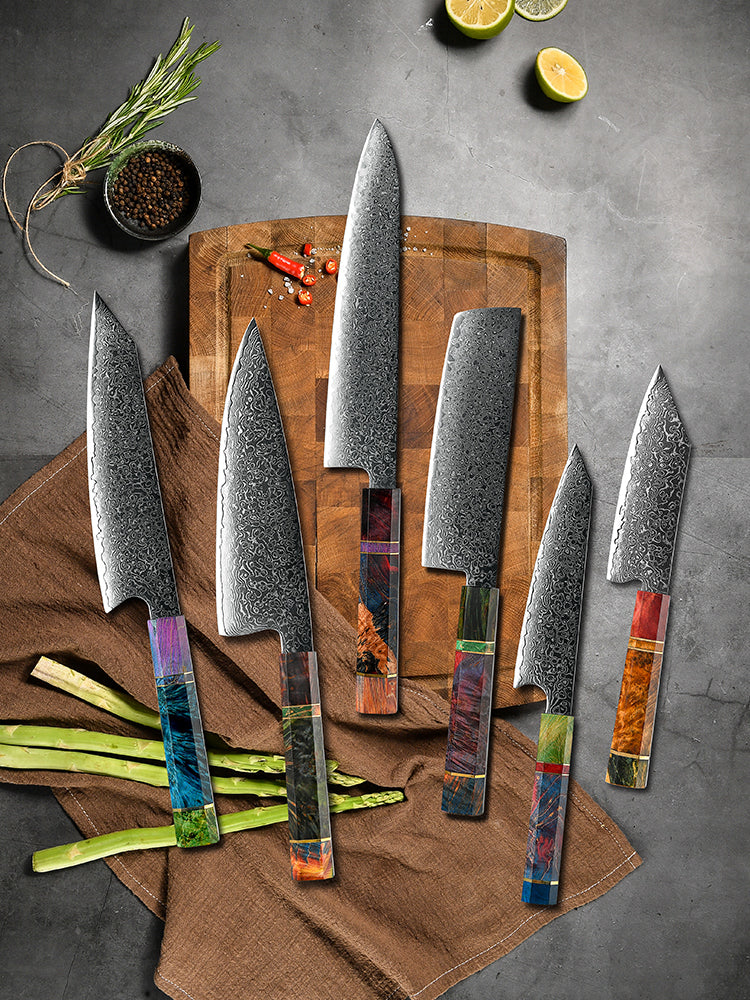 chef knife set - Spectrum Knife Set 6 Piece VG10 Damascus Steel with Exotic tie-dye-Stained Olive Burl Wood Handle - Shokunin USA