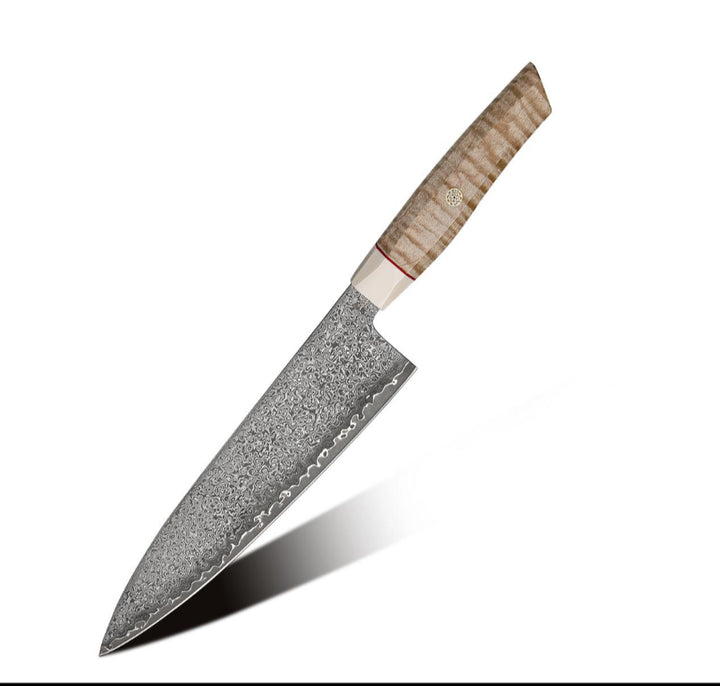 Chef knife - Luxe Japanese Damascus Chef Knife with Exotic Curly Maple Burl Wood Handle - Shokunin USA