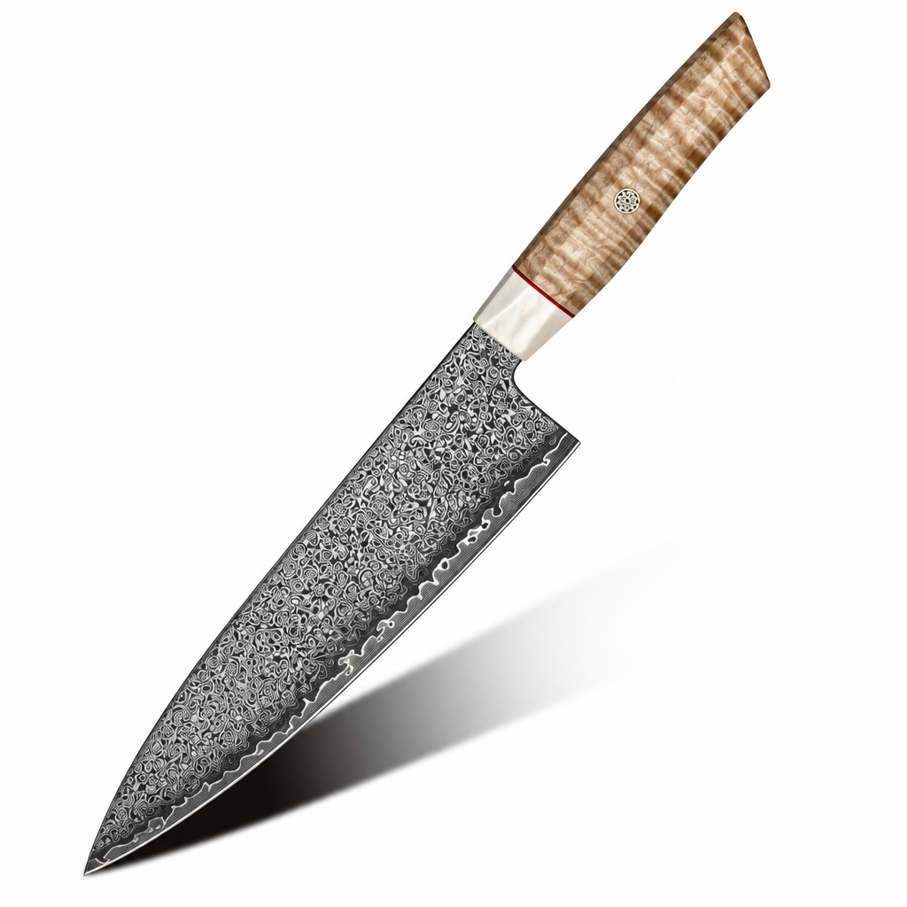 Luxe Japanese Damascus Chef Knife with Exotic Curly Maple Burl Wood Handle