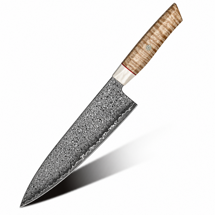Luxe Japanese Damascus Chef Knife with Exotic Curly Maple Burl Wood Handle