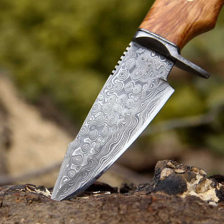 Outrider Damascus Knives - Outrider Damascus Custom Hunting Knife with Exotic Olive Wood Handle - Shokunin USA