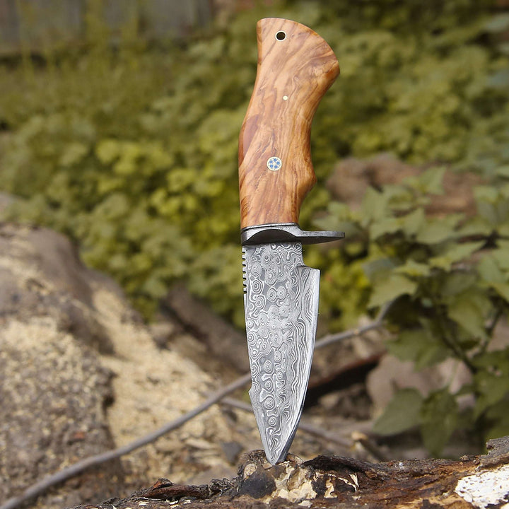 Outrider Hunting Knives - Outrider Damascus Custom Hunting Knife with Exotic Olive Wood Handle - Shokunin USA