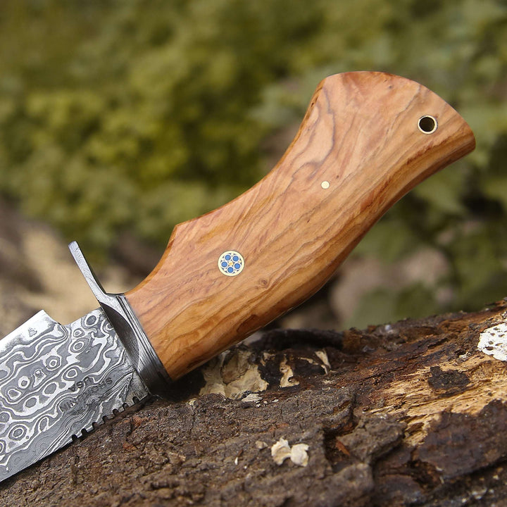 Outrider Knife - Outrider Damascus Custom Hunting Knife with Exotic Olive Wood Handle - Shokunin USA