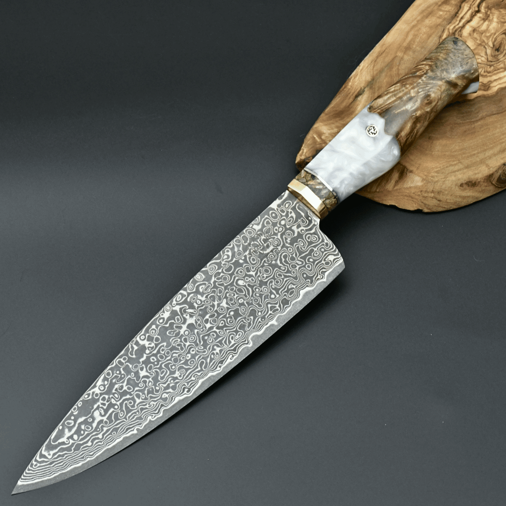 Chef Knife - Shinobi VG10 Chef Knife with Exotic Olive Wood &amp; Mother of Pearl Handle - Shokunin USA