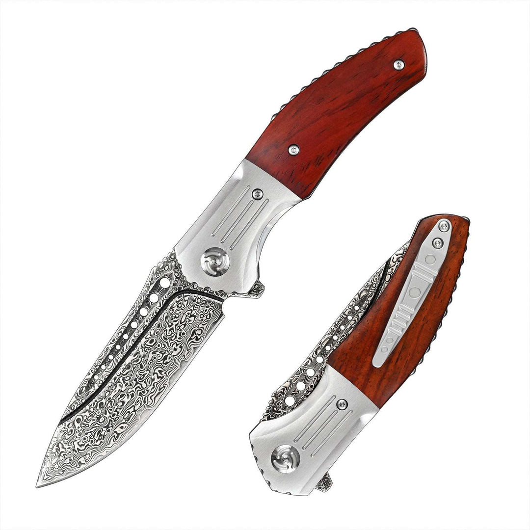 Pocket Knife - Ironbark Damascus Pocket Knife Set With Exotic Red Sandalwood Handle, Clip & Sheath - Shokunin USA