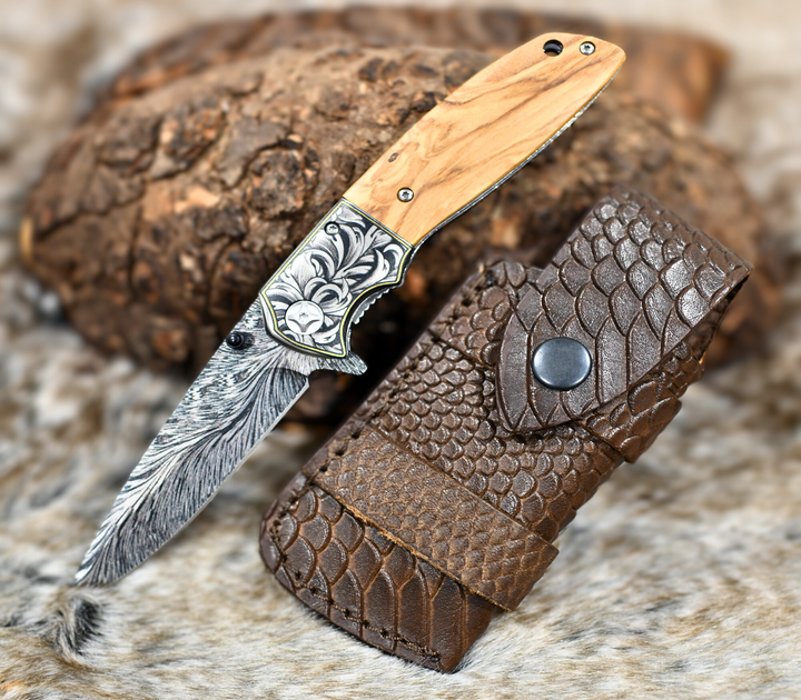 Pocket Knives - Vertex Damascus Pattern Pocket Knife with Exotic Olive Wood Handle - Shokunin USA