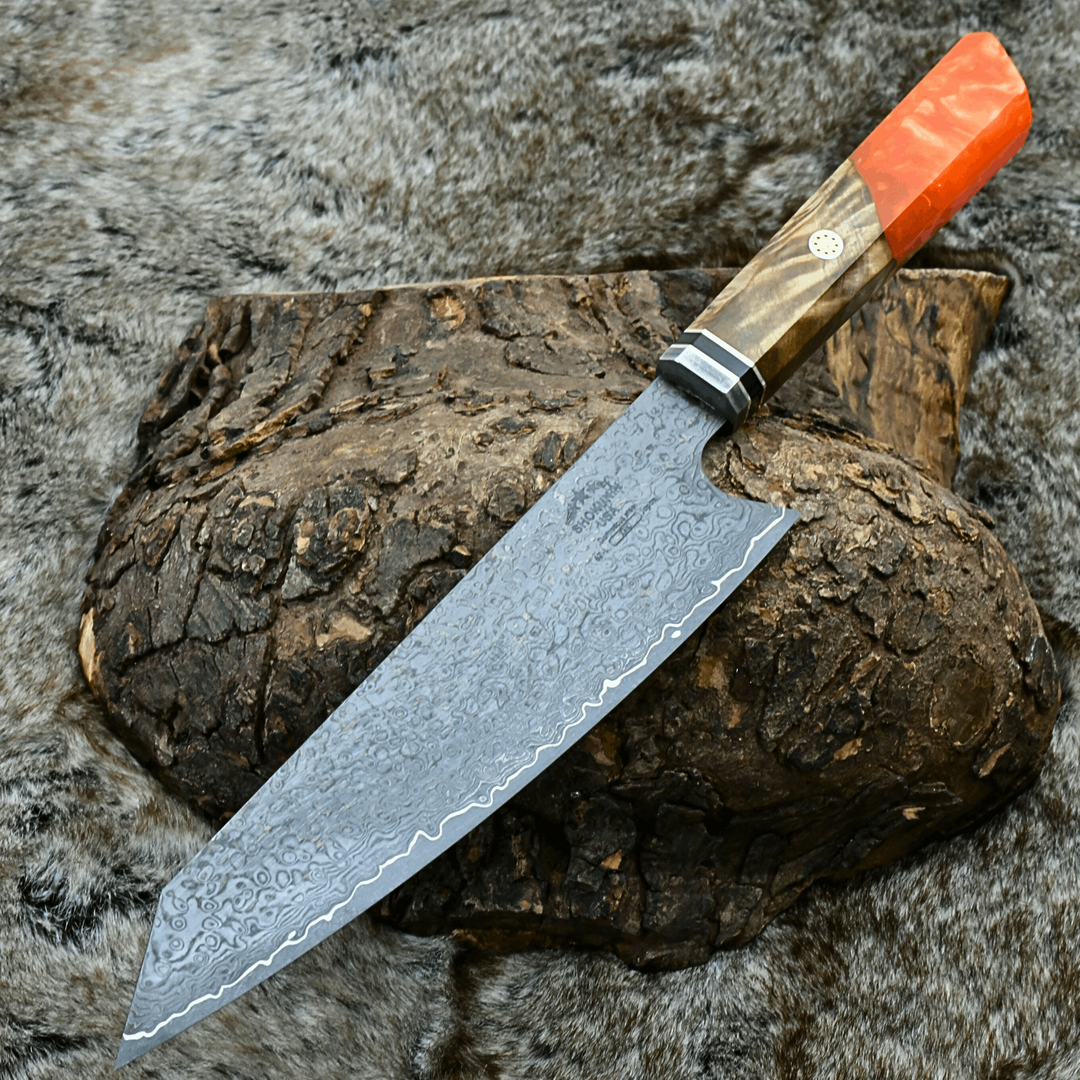 Chef knife - Aurora VG10 Damascus Chef Knife with Exotic Olive Wood Burl & Orange Pearl Resin Handle - Shokunin USA