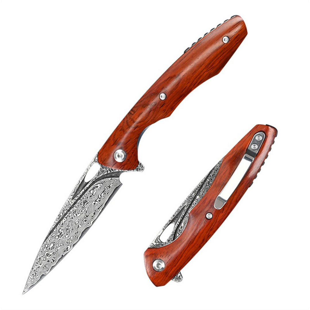 Damascus Knife - Quicksilver Handmade Japanese Damascus Pocket Knife with Exotic Red Sandalwood Handle - Shokunin USA