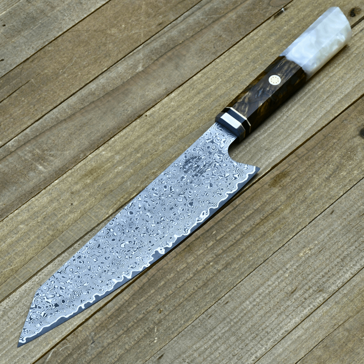 Chef Knife - Aurora VG10 Damascus Steel Knife with Exotic Olive Wood Burl & Mother of Pearl Handle - Shokunin USA