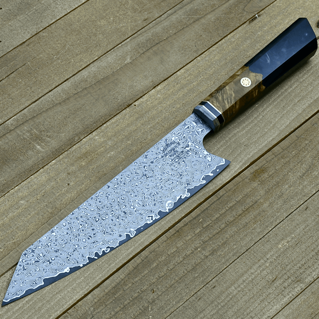 engraved handmade kitchen knives - Aurora Japanese Chef Knife with Exotic Olive Burl Wood &amp; Resin Composite Handle - Shokunin USA