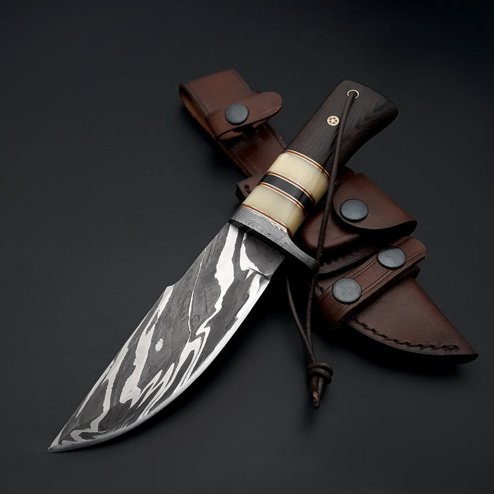 Camp Knife - Nova Damascus Hunting Knife with Bone & Exotic Wenge Wood Handle - Shokunin USA