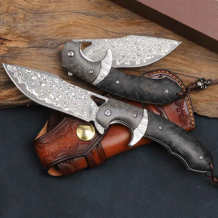 8.5 inch pocket knife with carbon fiber handle - Hermes Damascus Steel Folding Pocket Knife with Carbon Fiber Handle - Shokunin USA