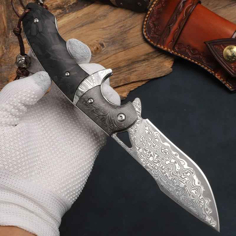 8.5 inch folding pocket knife with carbon fiber handle - Hermes Damascus Steel Folding Pocket Knife with Carbon Fiber Handle - Shokunin USA